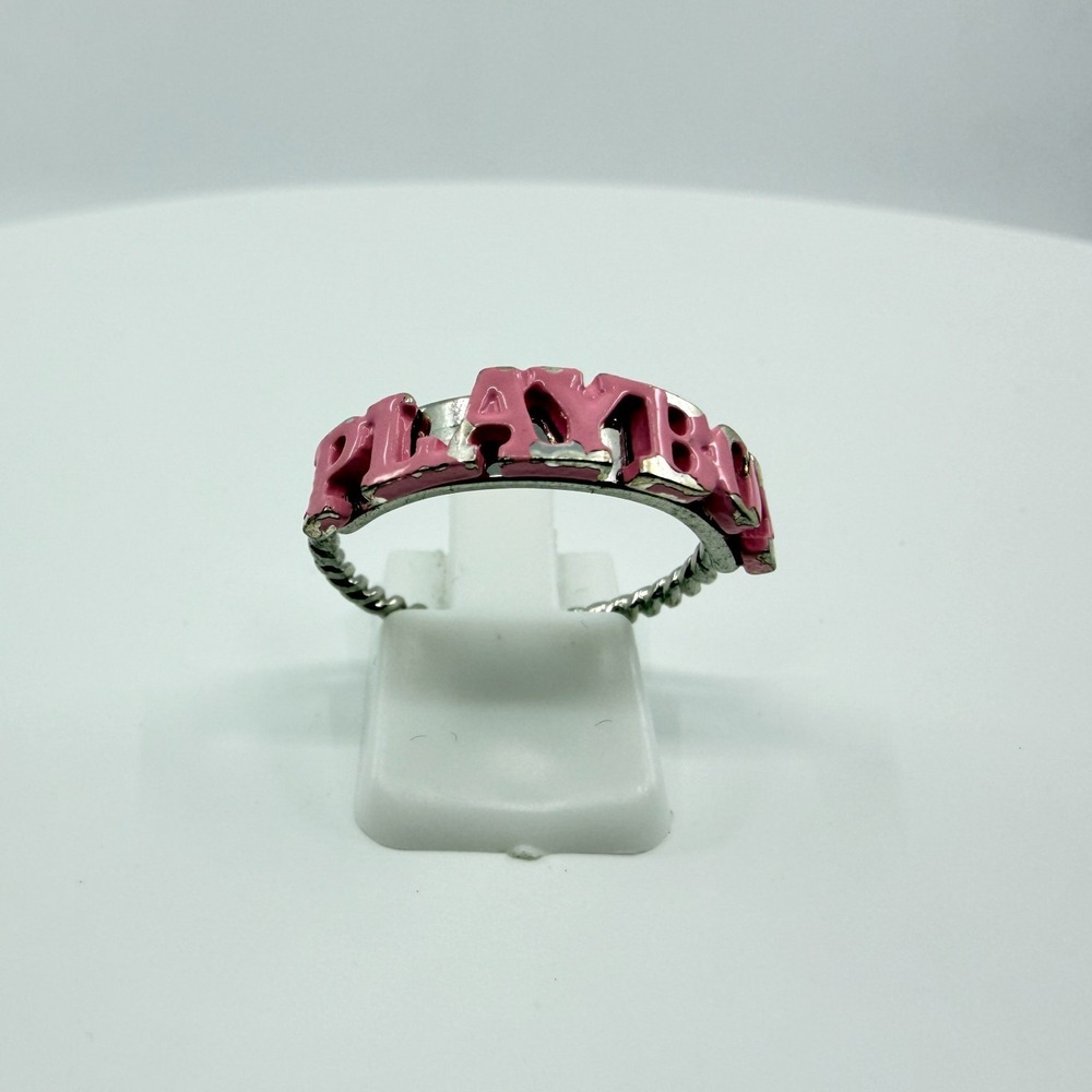 Vintage Y2K Pink Enamel PLAYBOY Ring Silver Twisted Rope Band Size 8